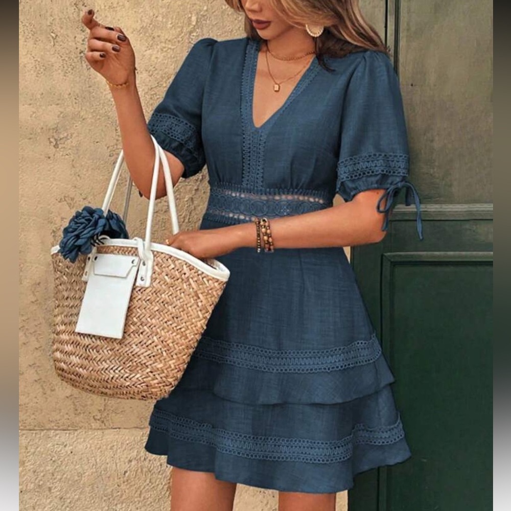 Elegant Baby Blue Lace Trim Dress - Picture 16 of 16